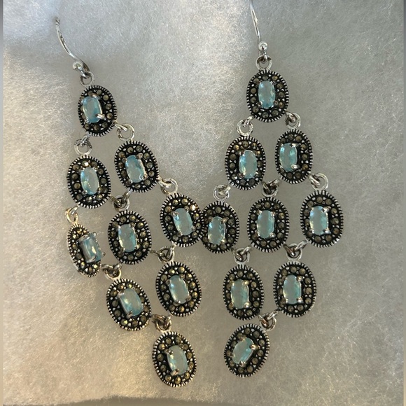 WOLF & BADGER Sterling Silver Sapphire Cubic Zirconia Dangle Chandelier Earrings - Picture 2 of 9